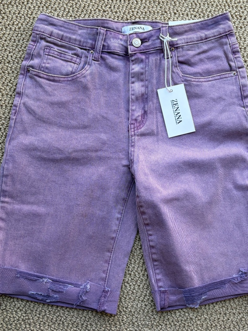 New Zenana Purple Distressed Bermuda Shorts Cuffed Mineral Wash Stretchy Comfy - Picture 3 of 4